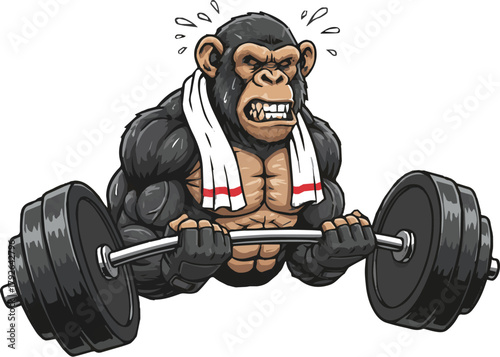 Muscular gorilla lifting weights with towel around neck