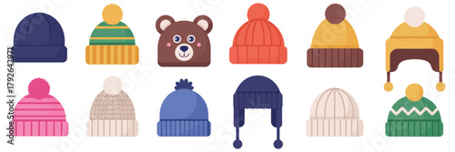 Knitted winter caps and beanies, stylish cold weather accessories illustration, cozy wool headwear design for winter fashion