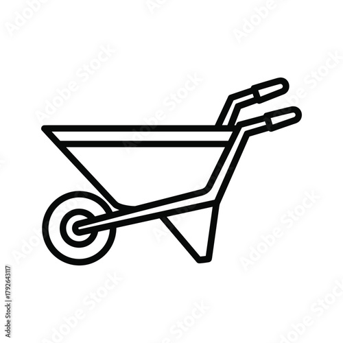 Black and white outline icon of a wheelbarrow