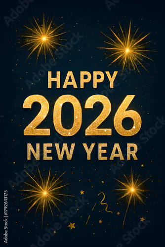 Sparkling happy 2026 new year greeting card with golden glitter typography and fireworks on a dark blue background