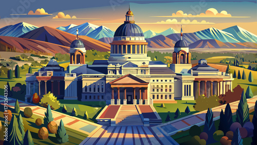 Very beautiful drone view of the Montana State Capitol in Helena on a sunny afternoon with a slightly hazy sky, featuring the grand dome architecture, surrounding city landscape, and gentle light 