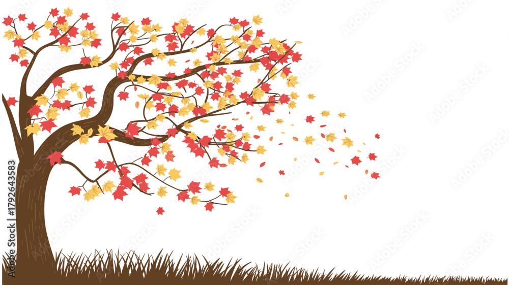 Fototapeta premium tree illustration with vibrant red and yellow leaves, blowing in the wind, grass at the base, ideal for fall vector designs, seasonal artwork, and greeting cards
