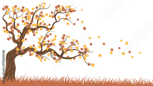 autumn tree with red and yellow leaves swaying in the wind, grass along the bottom edge, vector illustration for seasonal, nature, and landscape design projects.