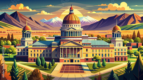 Very beautiful drone view of the Montana State Capitol in Helena on a sunny afternoon with a slightly hazy sky, featuring the grand dome architecture, surrounding city landscape, and gentle light capt