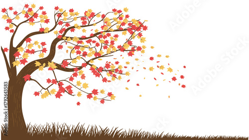 tree illustration with vibrant red and yellow leaves, blowing in the wind, grass at the base, ideal for fall vector designs, seasonal artwork, and greeting cards