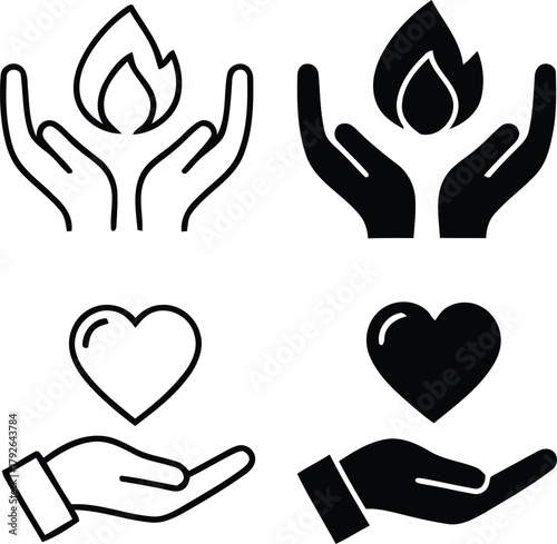 Hands holding a flame and a heart in outline and filled styles