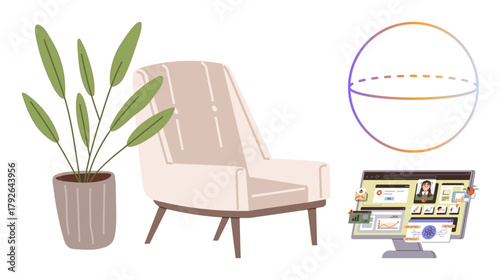 Armchair and potted plant create a cozy backdrop, paired with a digital interface and globe diagram. Ideal for productivity, learning, organization, remote work, creativity, education balance. A