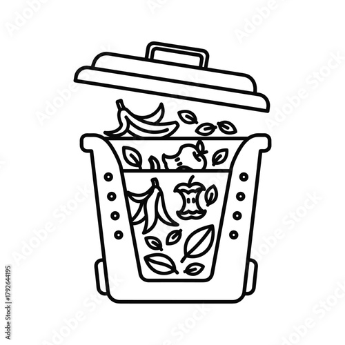 Black and white line drawing of a trash can filled with organic waste