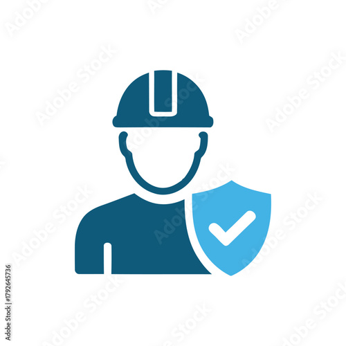 Icon representing a construction worker or professional with a protective shield and a checkmark indicating safety and security