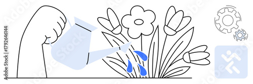 Watering can pouring water onto blooming flowers, symbolizing growth, care, support, and productivity. Ideal for growth, productivity, nurturing, teamwork self-care sustainability motivation