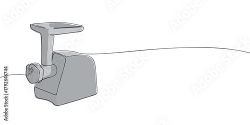 One line drawing of an electric meat grinder. Minimal continuous line illustration of kitchen appliance for cooking, food preparation, and restaurant design
