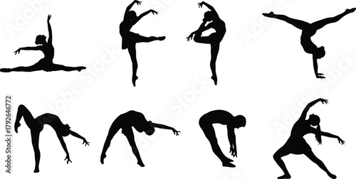 Black dancer silhouettes in expressive poses showcasing flexibility, balance, movement, and elegance—ideal for performing arts, fitness, and vector design
