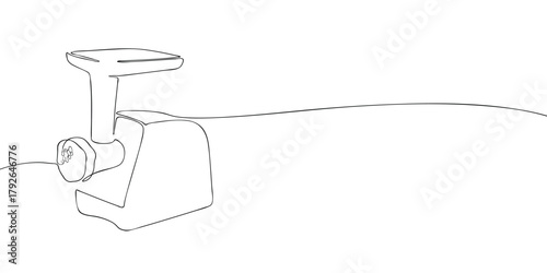 One line drawing of an electric meat grinder. Minimal continuous line art for kitchen, cooking, and appliance design with copy space