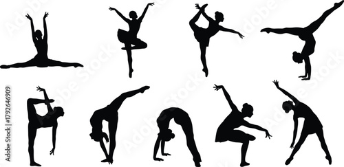 Black silhouettes of dancers and gymnasts in expressive poses showing flexibility, strength, and motion—ideal for fitness, art, and vector design.