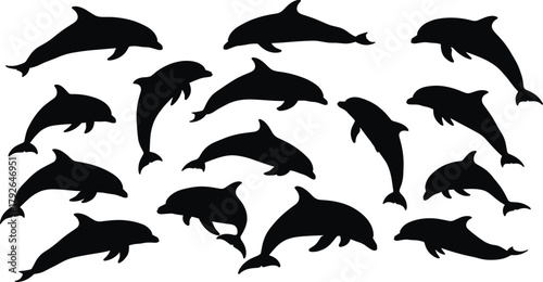 Dolphin silhouette vector set in dynamic swimming and leaping poses for marine life, ocean, sea animal, and aquatic themes