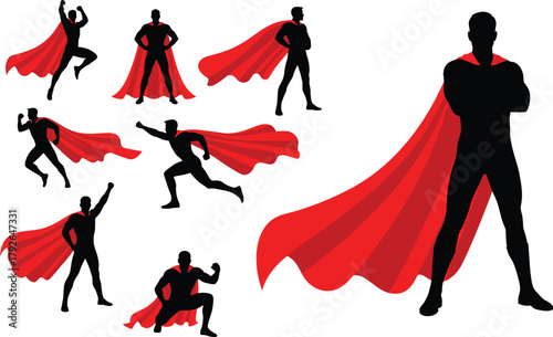 Superhero silhouette vector set with red cape in dynamic action poses for comic, hero, strength, power, and motion themes