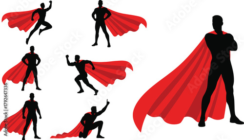 Superhero silhouettes in dynamic action poses with red capes, symbolizing strength, courage, motion, power, heroism, and comic-style energy.