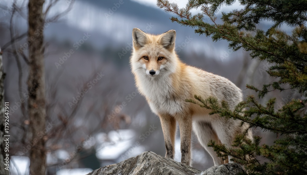Obraz premium Wild canine mammal stands alertly on a rocky outcrop in a natural wooded environment