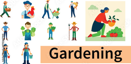 Diverse group of people engaged in various gardening activities and tasks outdoors