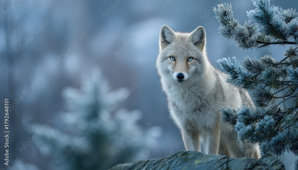 Naklejka premium Light colored canine stands alert atop a rock formation near frosted evergreen branches
