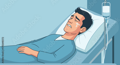 Distressed patient in hospital bed with IV drip, vector illustration for emotional healthcare, medical treatment, and patient vulnerability concept