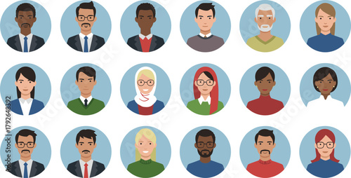 Diverse avatar portrait set, 20 illustrated individuals, user profile icons, character diversity, circular frames, vector design, light blue background