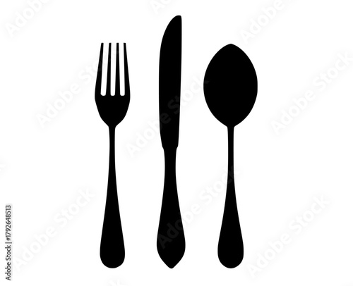 a black silhouette of a knife, fork and spoon on a transparent backgroundblack, cutlery, fork, profile, silverware, utensil 