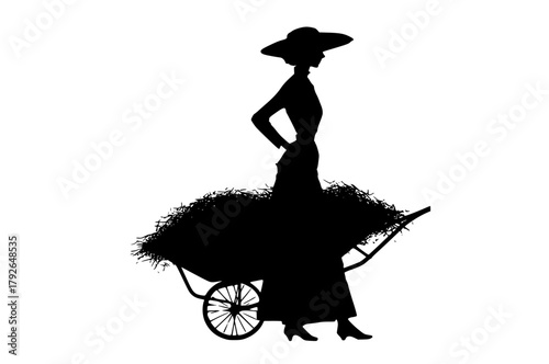 a silhouette of a woman pushing a wheelbarrow full of hayblack, broom, bundle, cart, cowboy hat, dress, handcart, hat, hay, load, nest, profile, push, straw, straw hat, sun hat, wagon, woman 