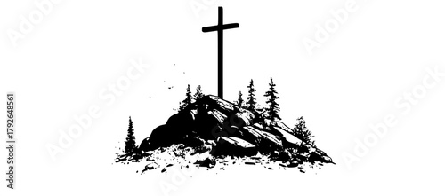 a black and white illustration of a large cross on top of a rocky hill surrounded by treesblack, cross, pine, pole, stone, tree, white 