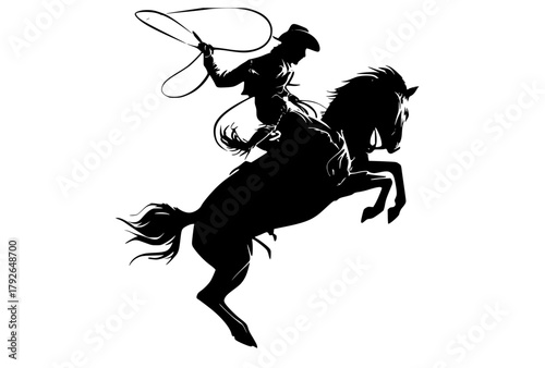 a silhouette of a cowboy riding a horse with a lassoblack, bull, cowboy, cowboy hat, horse, jump, lasso, man, profile, ride, rodeo, rope 