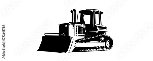 a black and white silhouette of a bulldozerblack, dozer, equipment, excavator, forklift, illustration, plow, profile, tractor 