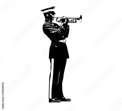 a black and white silhouette of a soldier playing a trumpetarmy, black, illustration, instrument, man, play, profile, salute, trombone, trumpet, uniform 