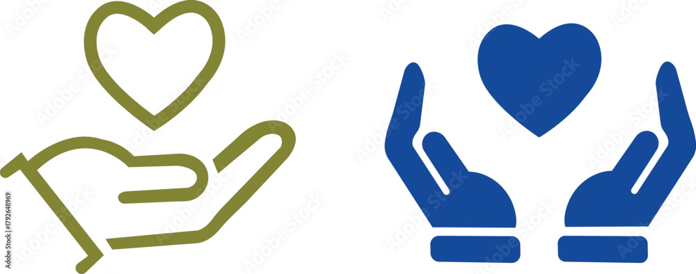 Fototapeta premium Heart in hand icon set.Outlined and solid icon pair of hands holding heart symbol, representing love, care, support, and charity in minimalist black design.Love, care healthcare symbol.