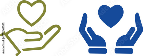 Heart in hand icon set.Outlined and solid icon pair of hands holding heart symbol, representing love, care, support, and charity in minimalist black design.Love, care healthcare symbol.