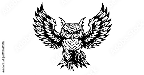 a stylized owl with large wings, depicted in black and whitebird, black, claw, design, eagle, illustration, logo, owl, spread, symbol, tattoo, white, wing 