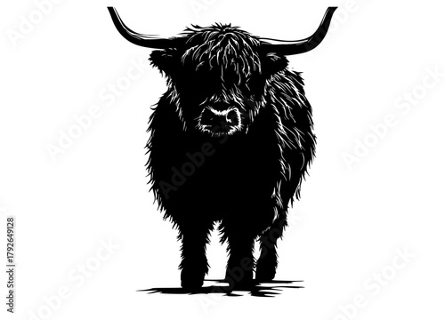 a black and white silhouette of a highland cow with long hornsanimal, bison, black, buffalo, bull, cattle, profile, stand, trumpet, yak 