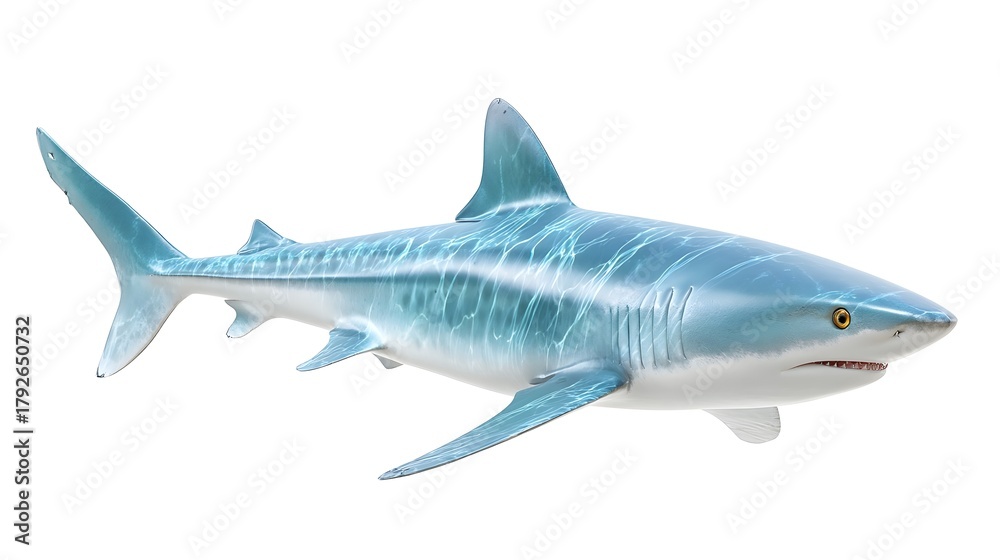 Naklejka premium Detailed 3D rendering of a powerful blue shark isolated on a white backdrop highlighting its predatory features sleek fins and textured skin