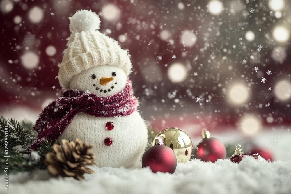 Fototapeta premium Adorable knitted snowman figurine wearing winter apparel sits amongst festive decorations during snowfall
