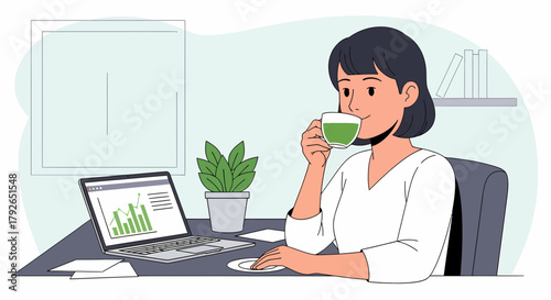 Businesswoman Enjoys Tea Break While Analyzing Stock Market Trends At Home