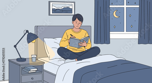 Cozy Night In Young Adult Journaling Before Bed Illustration