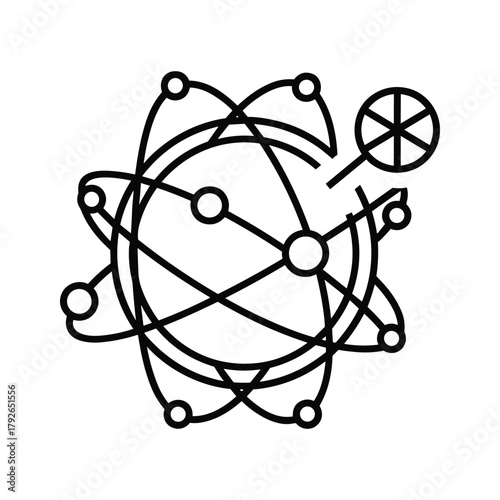 Abstract atomic structure icon with orbiting elements and a central nucleus, symbolizing science and connection