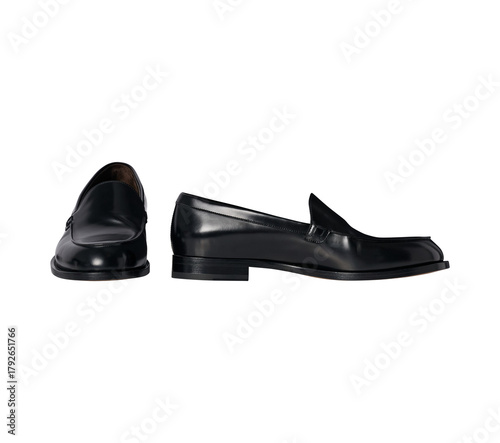 Elegant Men's A Black leather loafer shoes, shiny surface, black sole, suitable for both formal and casual wear classic elegance shoes, transparent background.