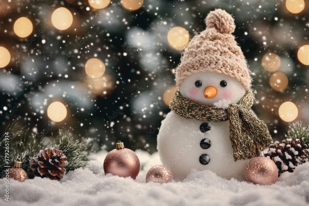 Fototapeta premium Adorable handmade figure rests in fresh snow amidst twinkling lights and holiday decorations