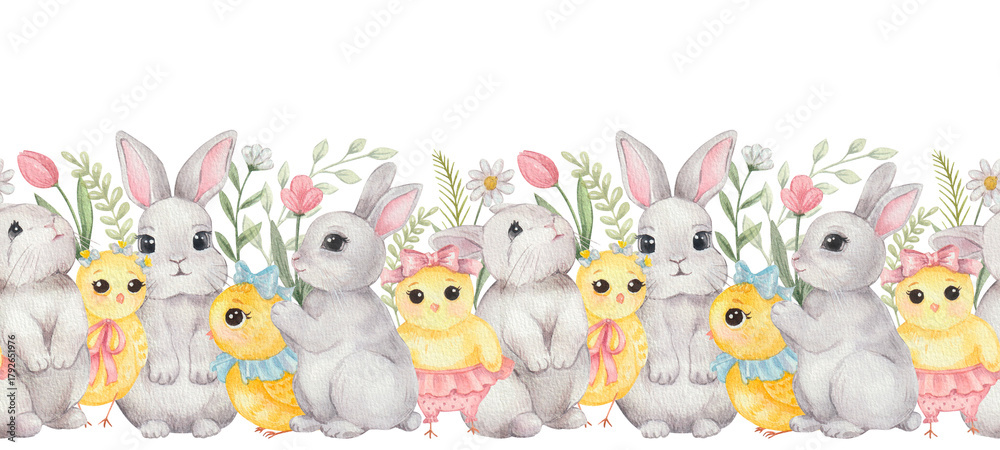 Naklejka premium Seamless border with cute chick and bunny 