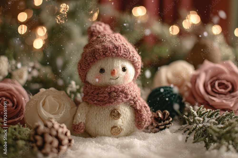 Obraz premium Adorable knitted winter figure sits nestled among decorative elements and gentle snowfall