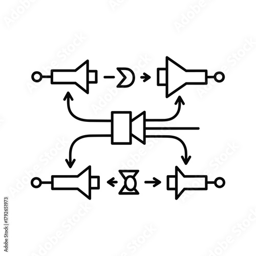 Abstract representation of signal processing and data flow with electronic components and arrows