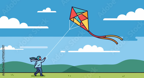 Joyful Day With Kite Against Blue Sky And Clouds Cartoon