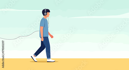 Man Enjoying Music While Walking Outdoors In Minimalist Style