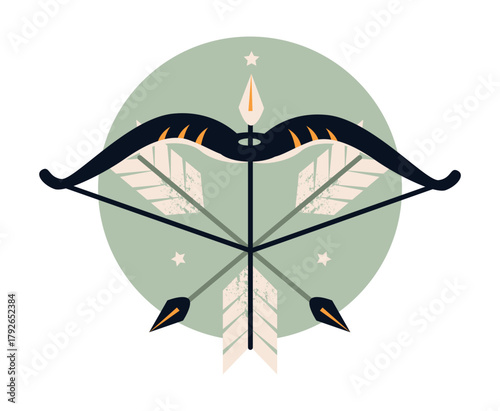 Zodiac Sagittarius Bow and Arrows Illustration. Flat vector illustration of a stylized bow and three arrows forming a symmetrical Sagittarius zodiac symbol with stars and vintage texture.