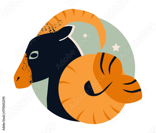 Flat vector illustration of a stylized Capricorn goat featuring large curled horn, minimalist design, and subtle cosmic star elements.